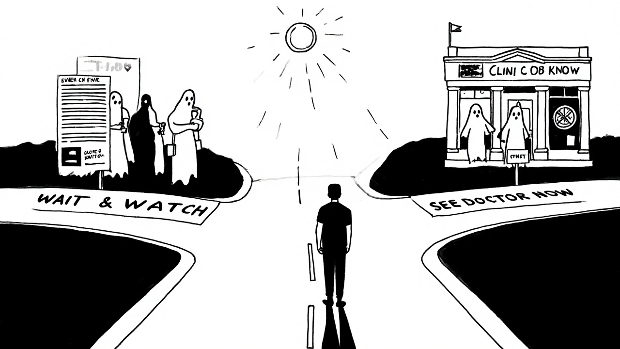 Person choosing between waiting or seeing a doctor, with misinformation fading away.