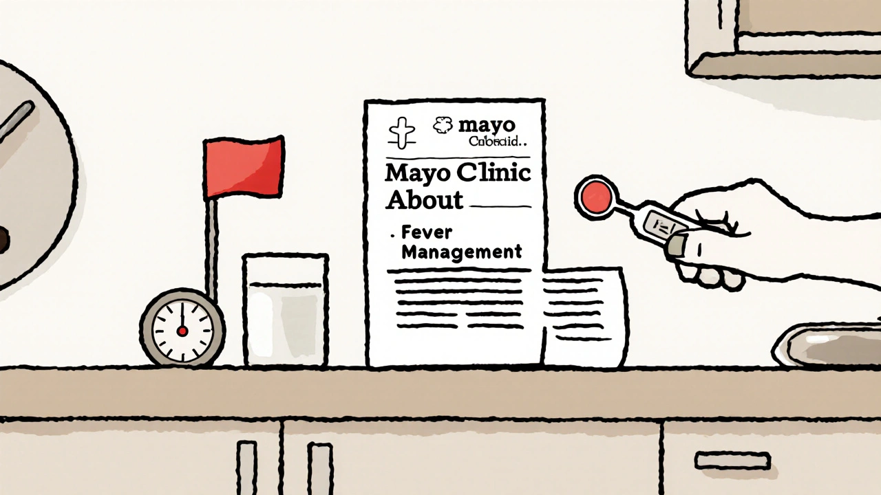 Printed Mayo Clinic health guide on fever beside thermometer and water on counter.
