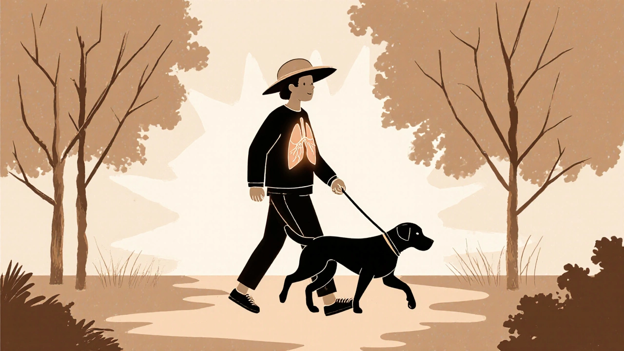 A patient walking a dog in sunlight, protected from sun exposure while lung health is stable.