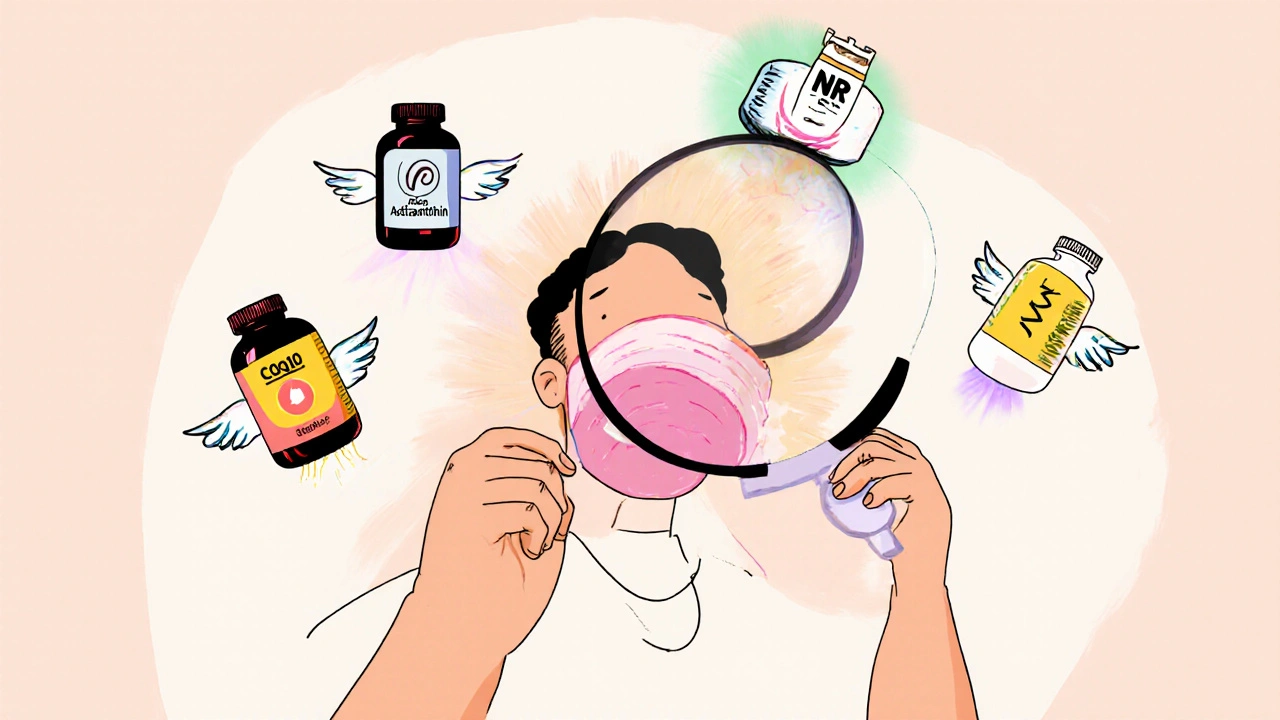 A person examining their skin with a magnifying glass as four supplement icons hover nearby with protective auras.