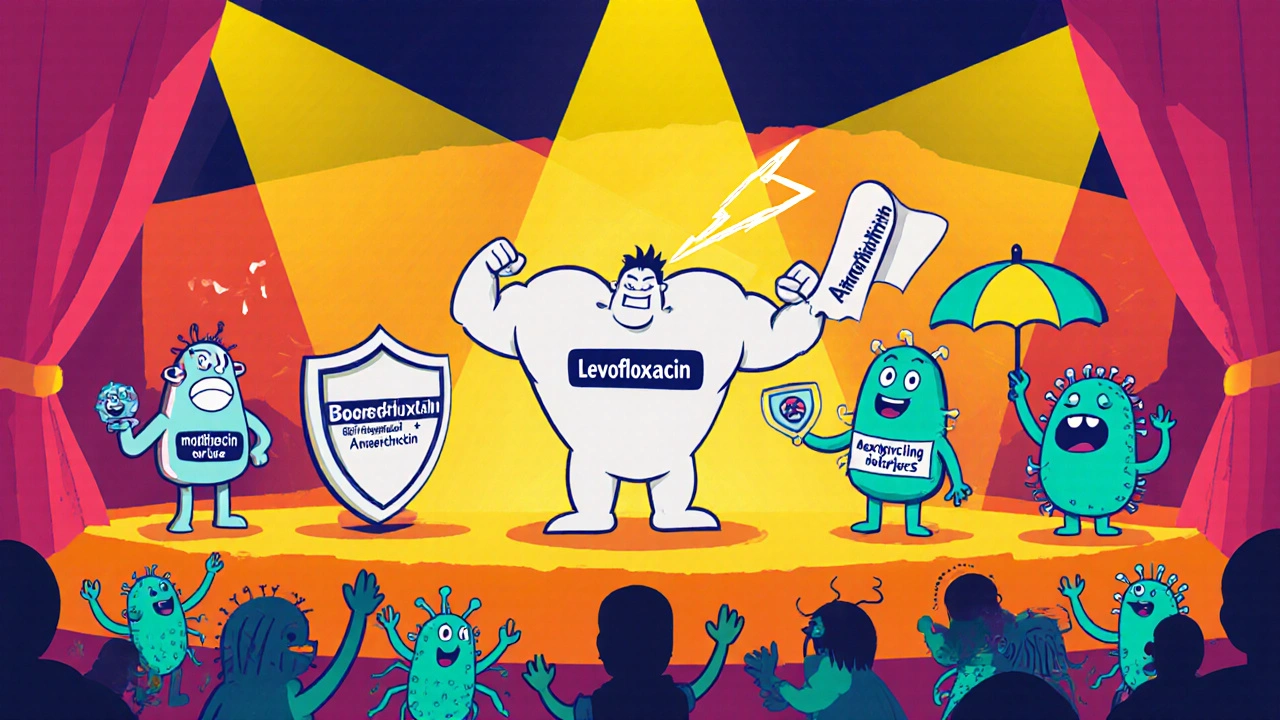 Cartoon antibiotic showdown stage with Levofloxacin and rivals displaying strengths and risks.
