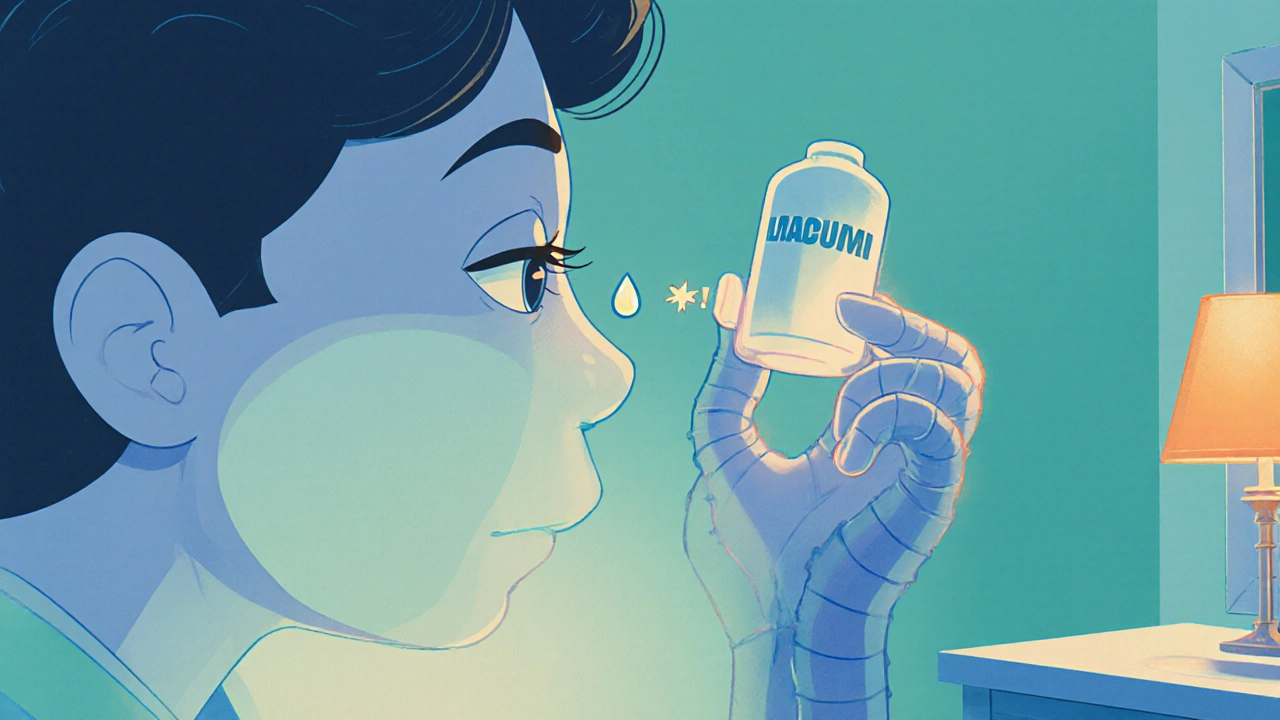 Cartoon character tilting head and applying an eye drop into a lower eyelid pocket.