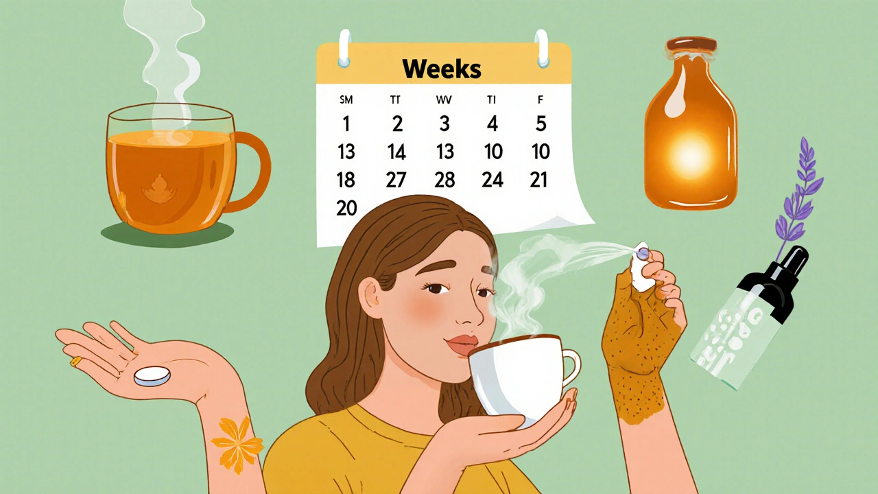 Cartoon woman using spearmint tea, zinc, papaya mask, vinegar spray, turmeric milk, and lavender oil.