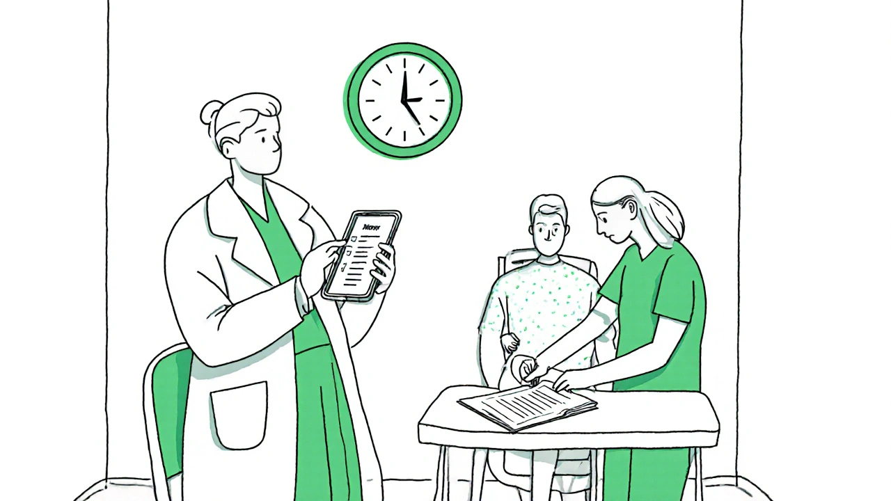 Clinician finalizes discharge after monitoring; patient leaves with caregiver.