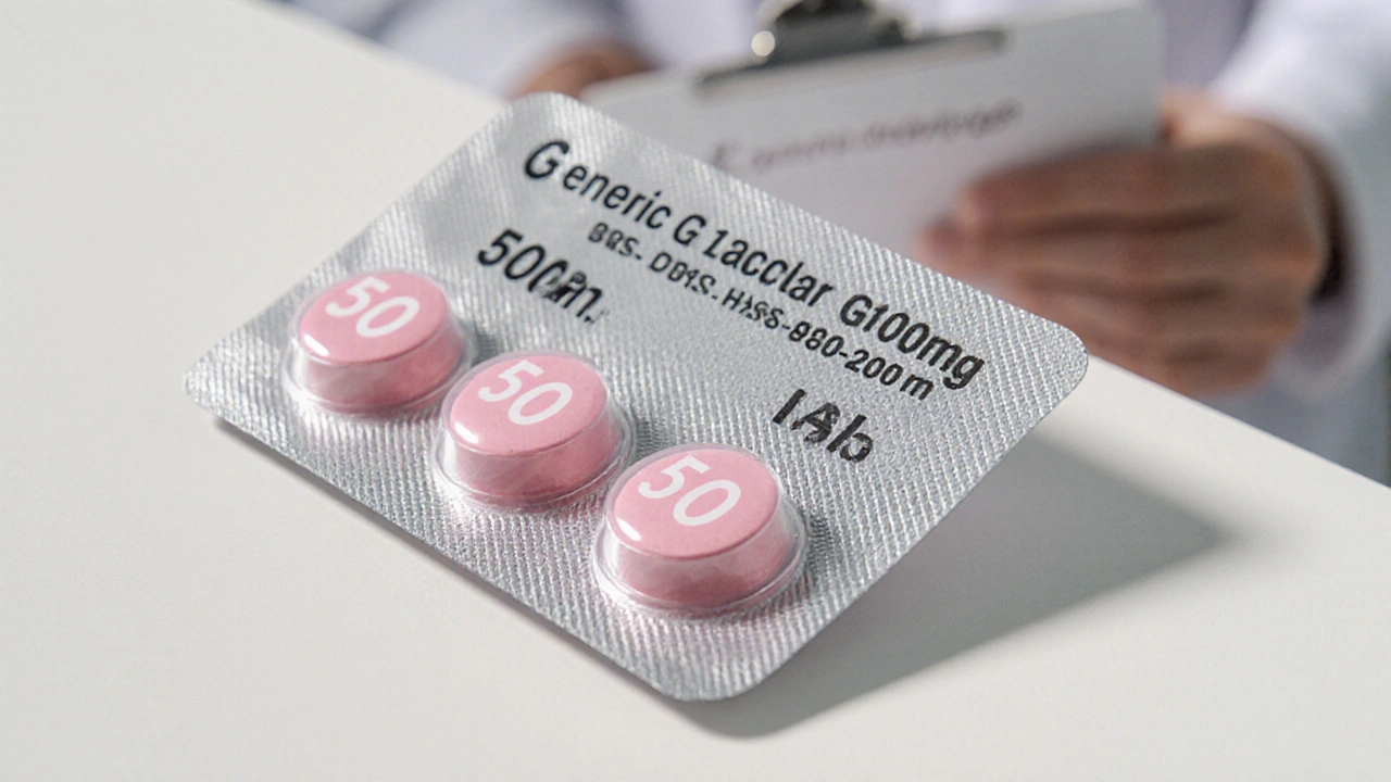 Close‑up of pink Glucophage tablets in a sealed blister pack showing batch and expiry details.