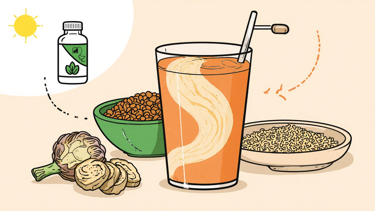 Collage of daily prebiotic foods: smoothie, artichokes, lentils, quinoa, supplement.