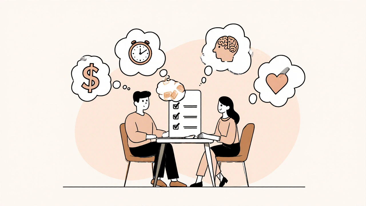 Couple reviewing icons for cost, timing, side effects, and benefits in monoline style.