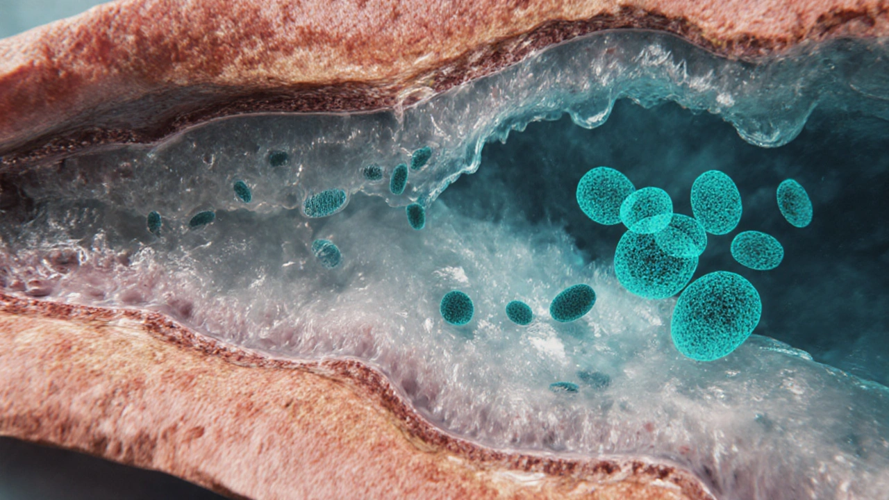 Cross‑section of airway showing damaged cilia, mucus and suppressed immune cells.