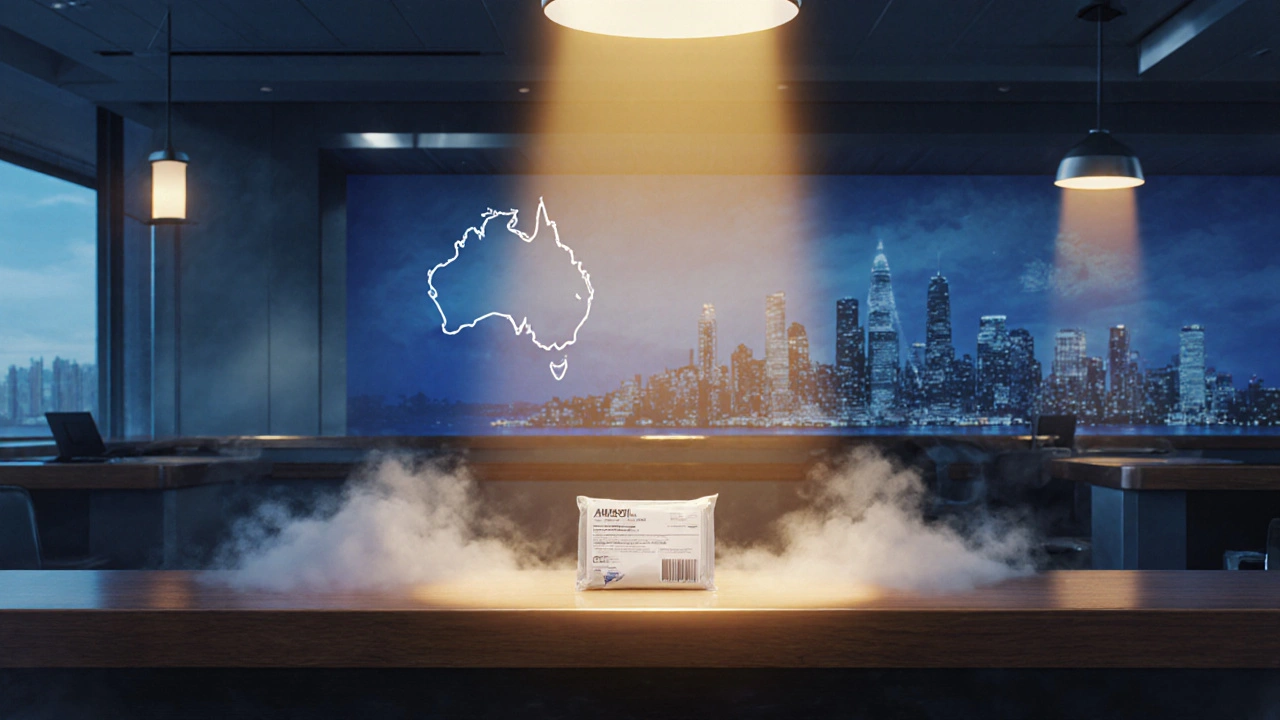 Customs checkpoint scene showing a sealed medication parcel under soft evening light.