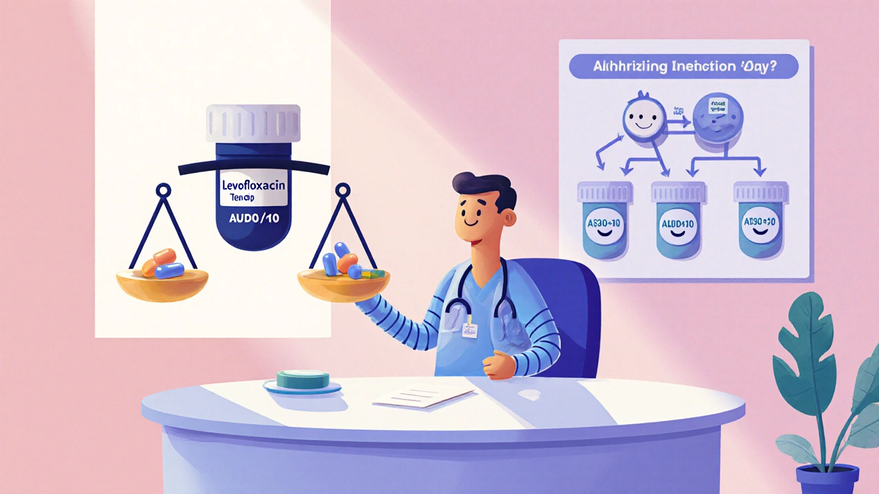 Doctor balancing Levofloxacin against cheaper antibiotics on a scale in a cartoon office.