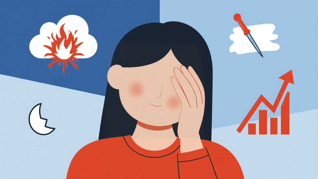 Figure surrounded by icons for inflammation, pain, sleep loss, and hormonal shifts.