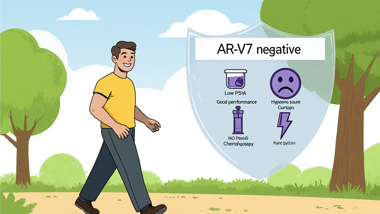 Fit patient walking with AR‑V7 negative shield and icons for side effects.