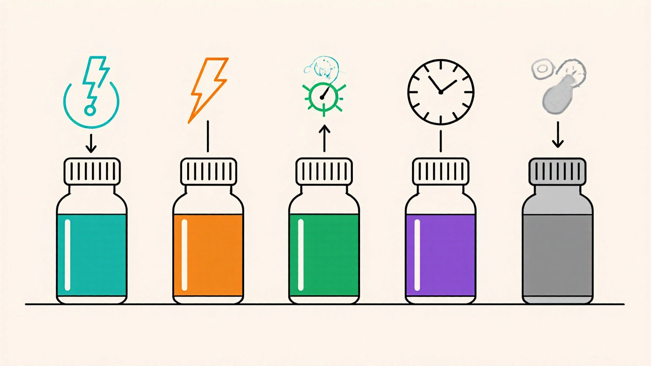 Five pill bottles with icons showing onset speed and duration, monoline illustration.