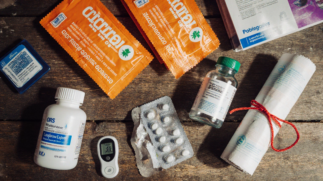 Flat lay of travel health kit with ORS, antibiotics, probiotics, and supplies.