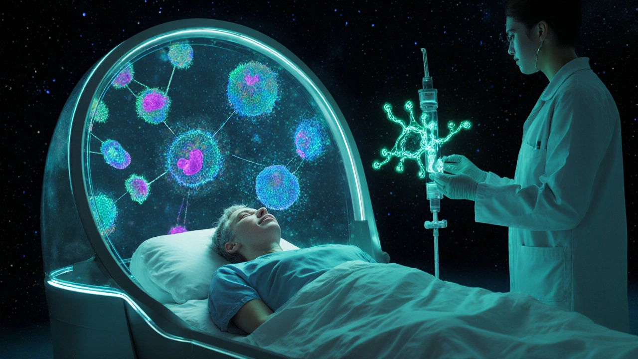 Future treatment pod showing AI‑driven single‑cell map and bispecific antibody infusion.