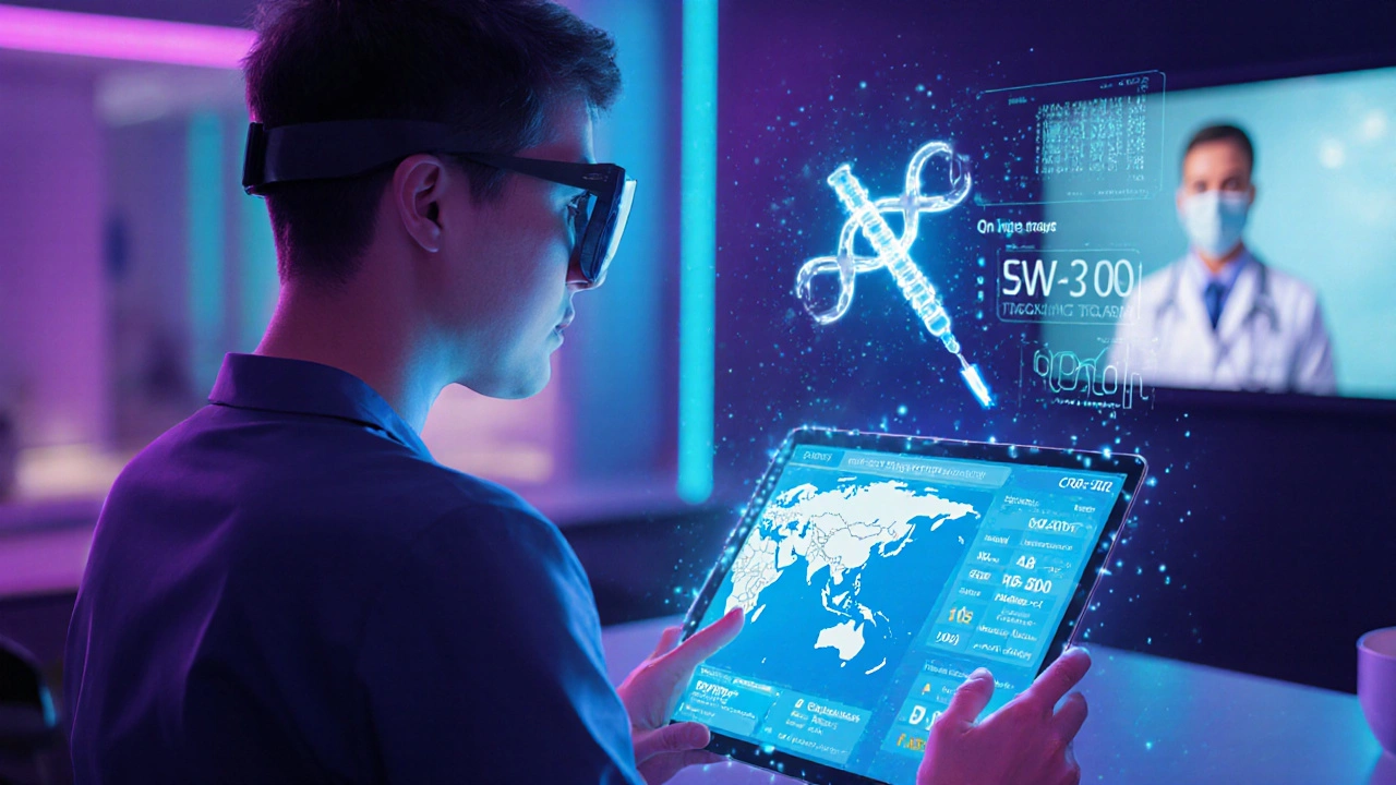 Futuristic telehealth clinic with holographic pollen data and AR patient.