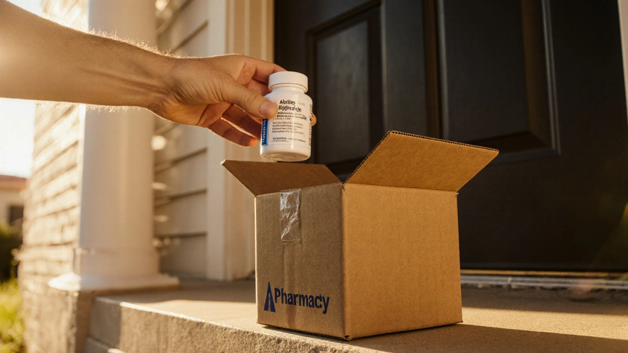 Hand picking up a delivery box revealing a bottle of generic tablets.