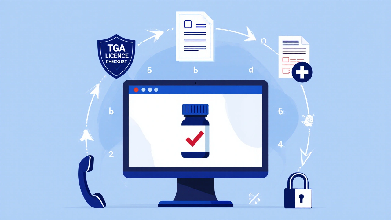 Illustrated checklist showing pharmacy verification icons around a computer.