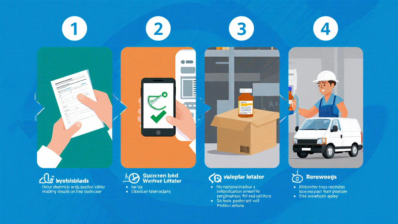Illustrated steps: prescription, upload, verification, packaging, courier delivery.