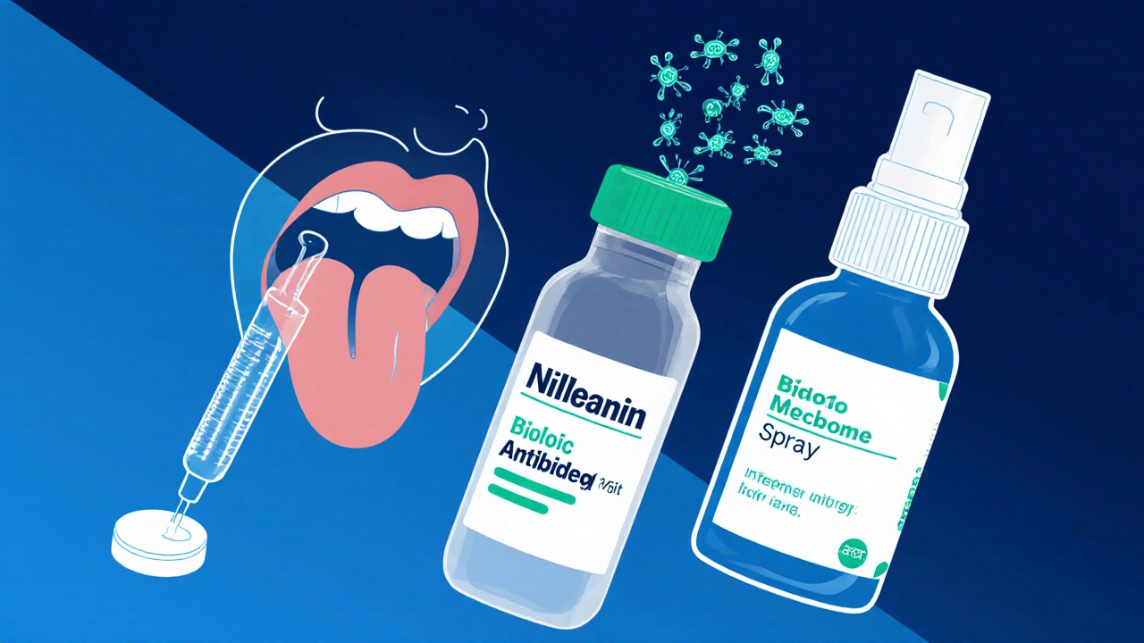Illustration of sublingual tablet, biologic injection, and nasal spray for allergies.