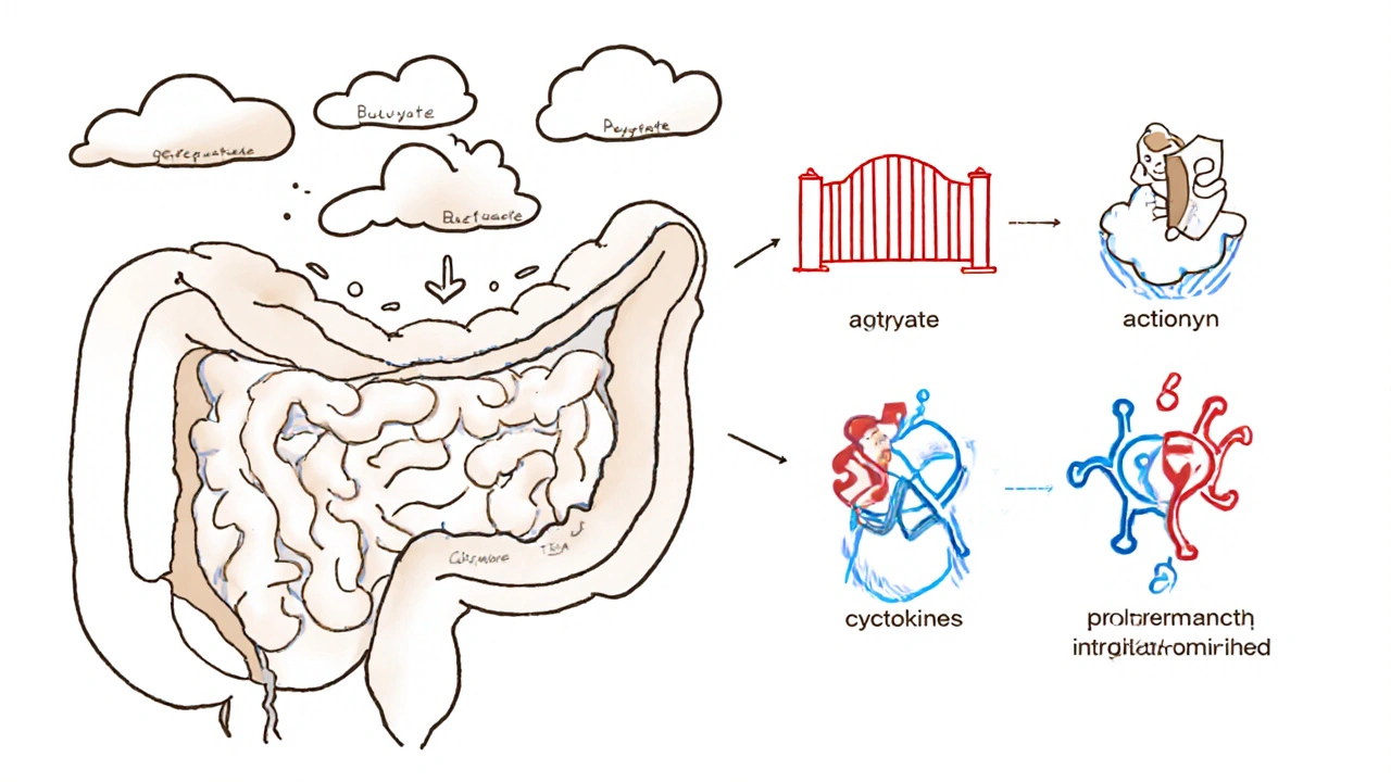 Inner colon showing SCFA clouds strengthening barrier, T‑cells, and calming cytokines.