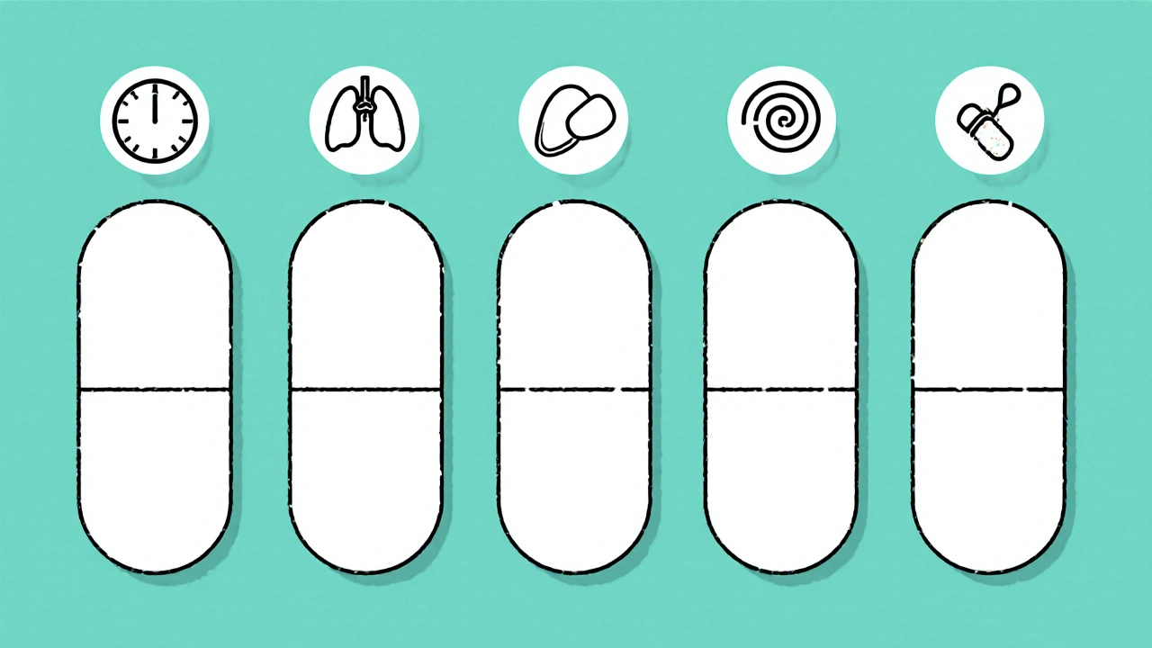Monoline row of five beta‑blocker pills with icons for half‑life and side effects.