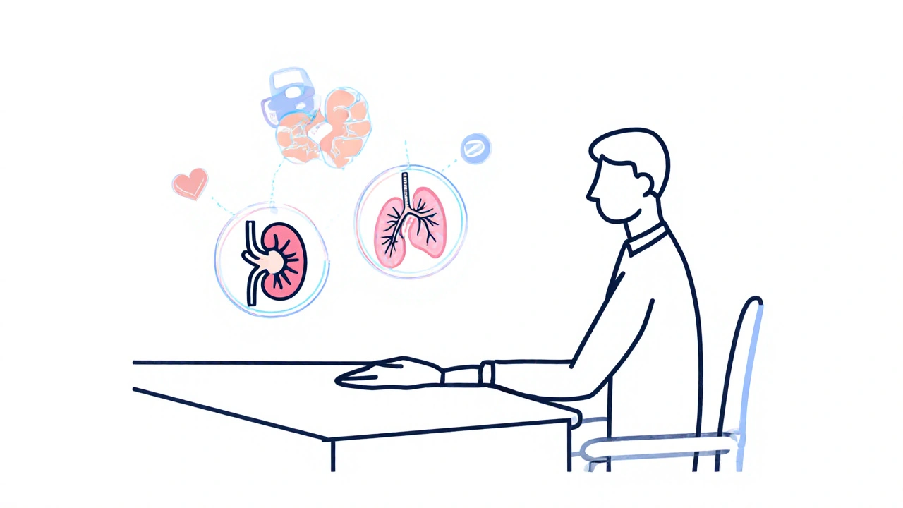 Monoline scene of a patient and doctor reviewing health factors to choose a beta‑blocker.