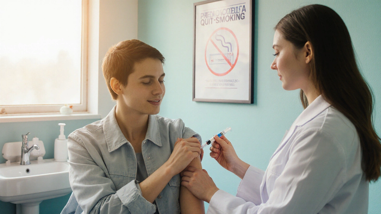 Patient receiving a pneumonia vaccine in a clinic, with quit‑smoking materials nearby.
