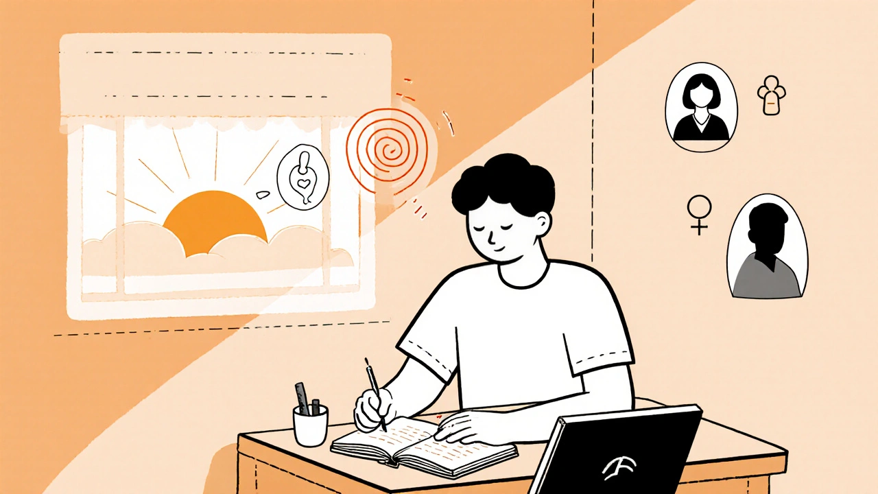 Person journaling, breathing, with sunrise and supportive friends, illustrating coping strategies.