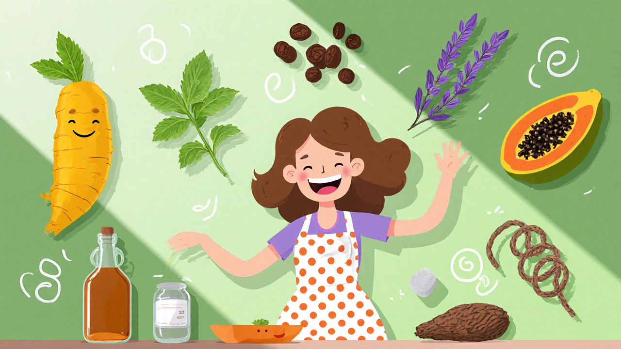 Playful kitchen scene with animated turmeric, spearmint, saw palmetto, vinegar, papaya, lavender, zinc, and licorice.