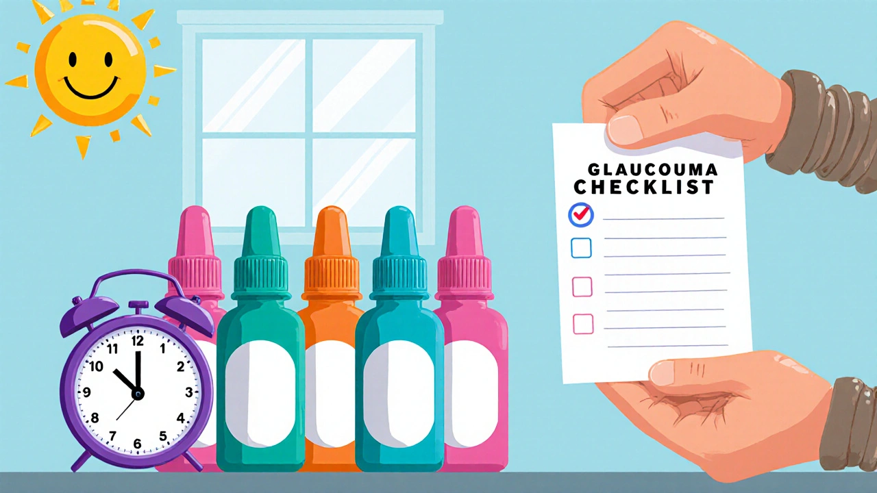 Playful scene of a patient with eye‑drop bottles, alarm clock, and a checklist.