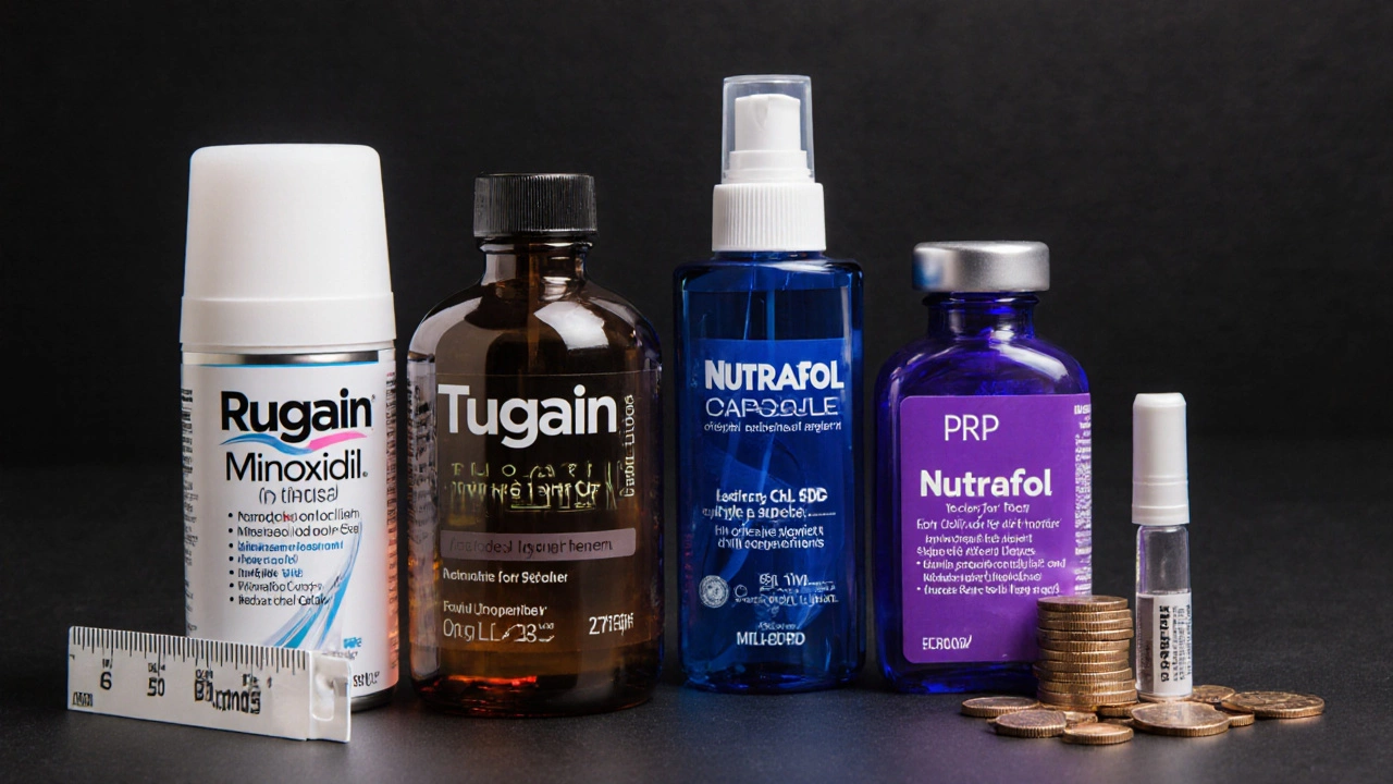 Product lineup of Tugain, Rogaine, Kirkland, Nutrafol, laser device, and PRP vial.