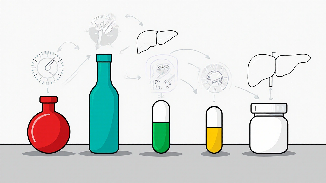 Row of distinct vitamin D analog containers with clock hands indicating half‑life.