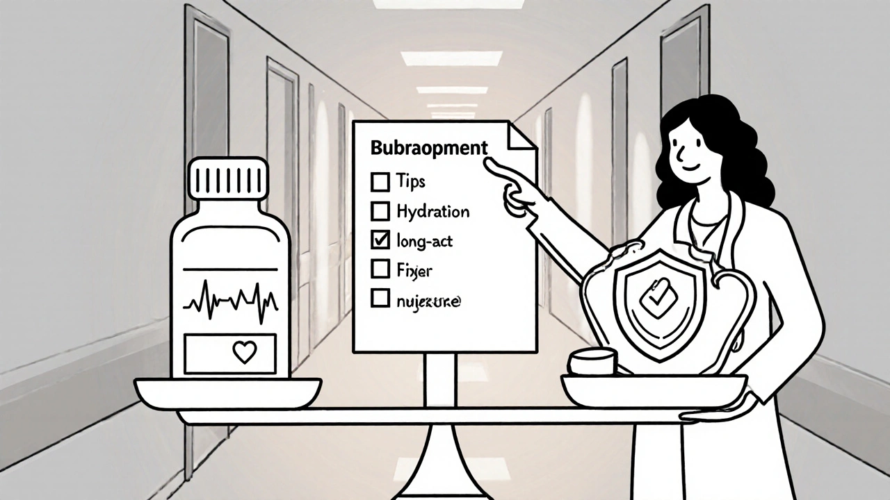 Scale balances methadone and buprenorphine with doctor offering care tips.