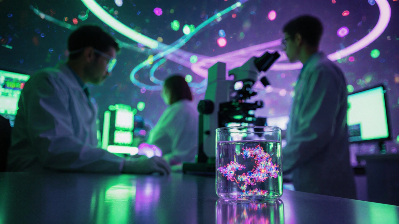Scientists using NGS, FISH, and flow cytometry on glowing CLL cells in a high‑tech lab.