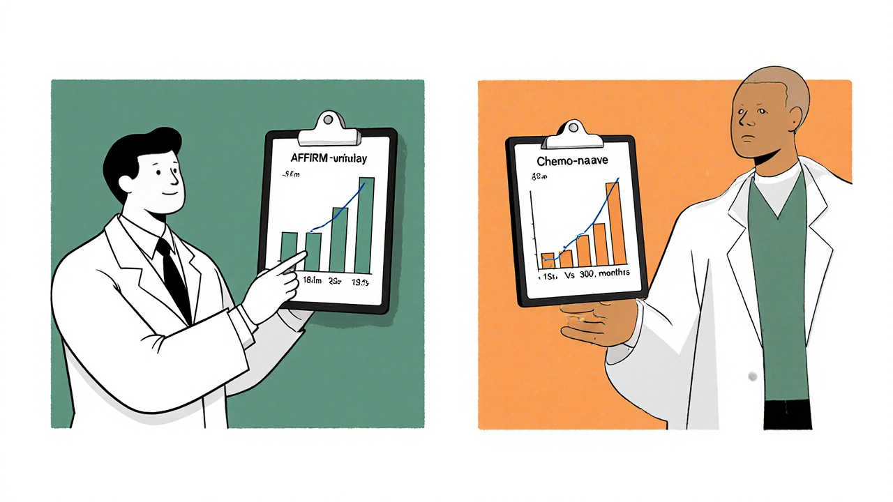 Side‑by‑side panels showing AFFIRM and PREVAIL trial survival charts.