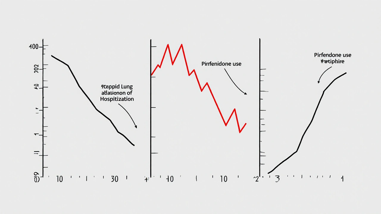 Three timelines showing lung decline, hospitalization, and stabilized function with pirfenidone.