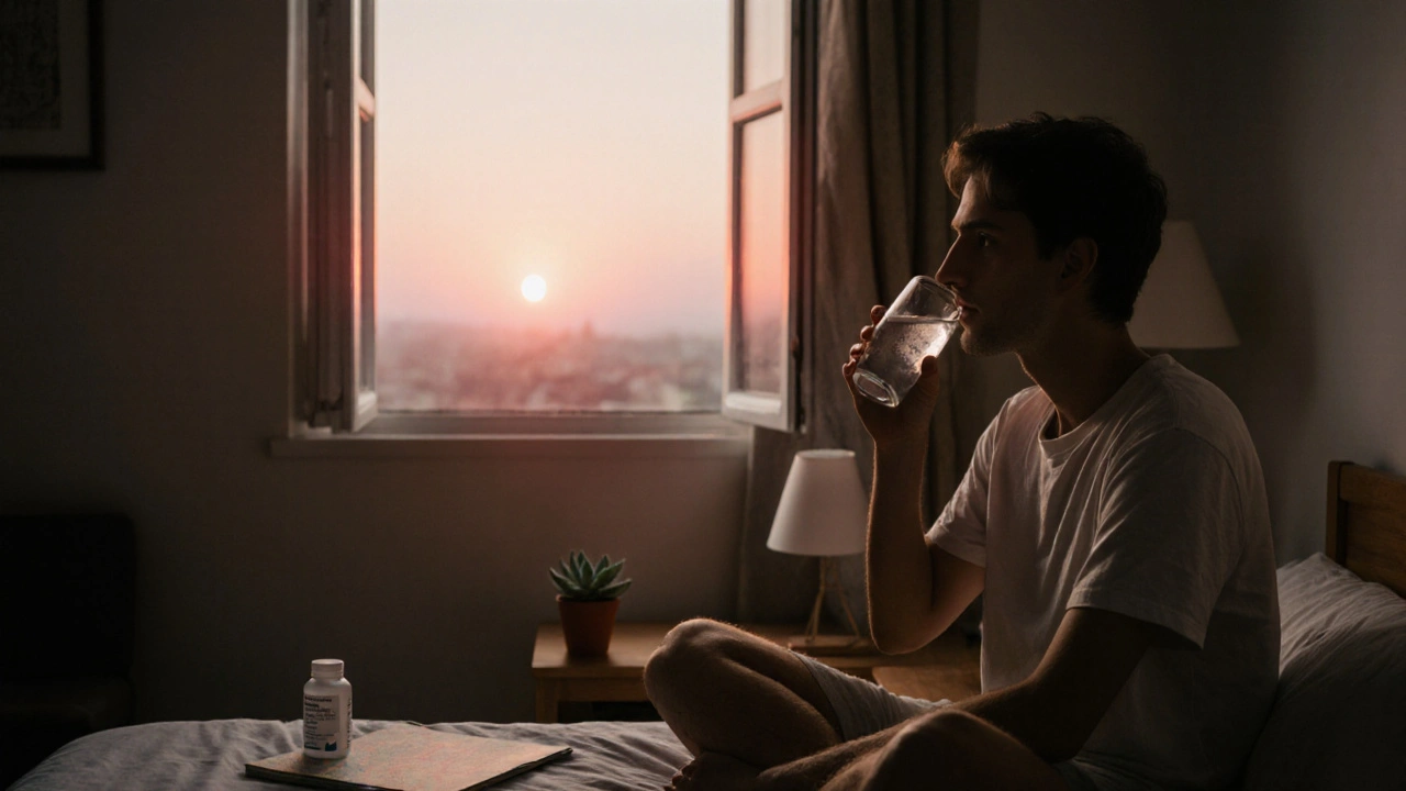 Traveler sipping oral rehydration solution in a sunrise‑lit hostel bedroom.
