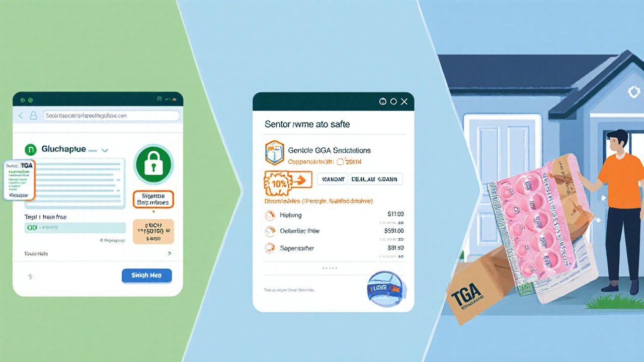 Vector storyboard showing prescription upload, discount code entry, checkout, delivery, and tablet inspection.