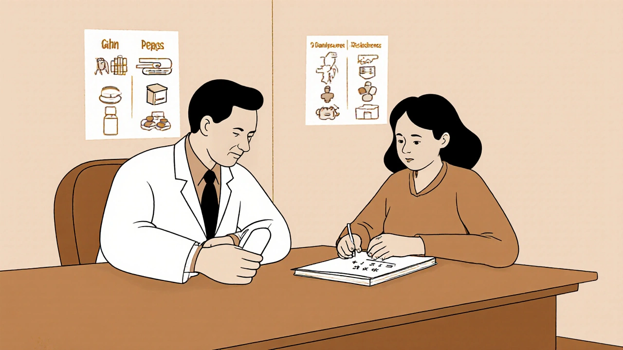 A doctor and patient reviewing a safe medication restart plan at a clinic table.