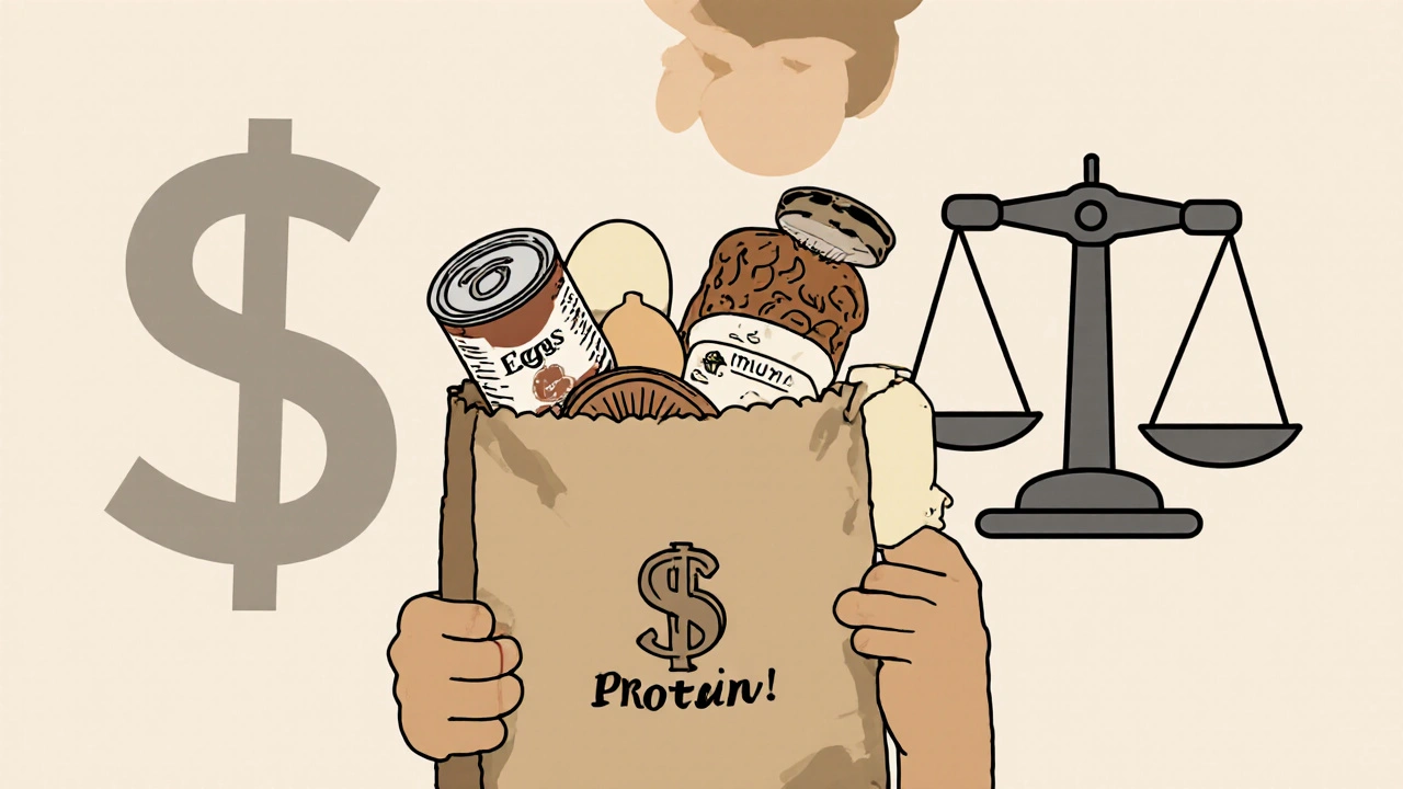 A grocery bag filled with affordable high-protein foods like eggs, tuna, and tofu.