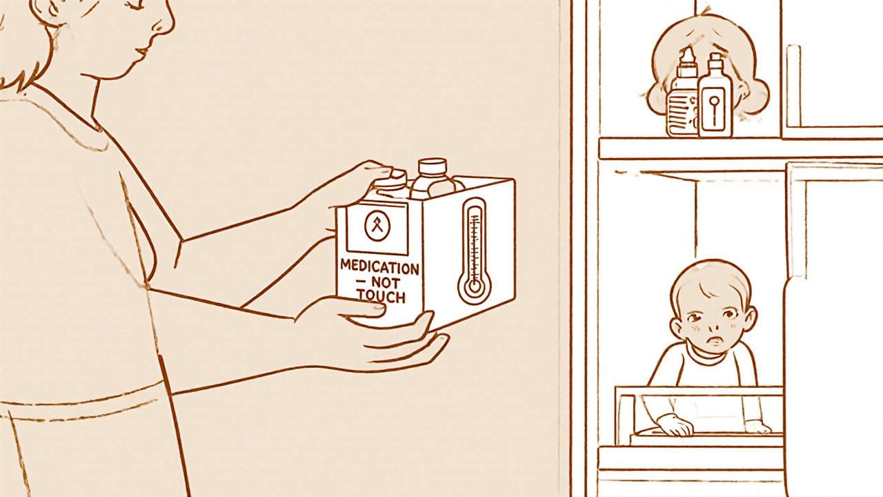 A parent stores medications in a wall-mounted lockbox as a child looks on from around the corner.