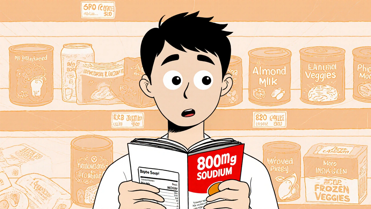 A person reading a food label in a grocery store, shocked by high sodium content in canned soup.