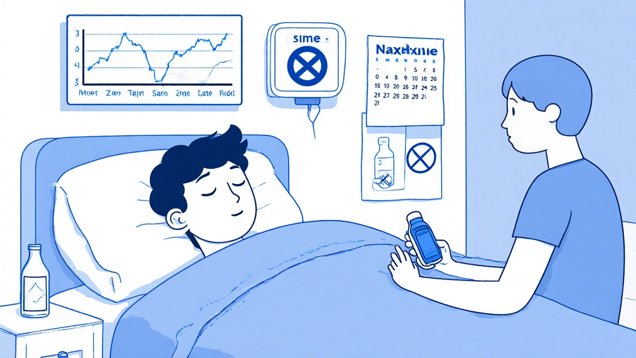 A person sleeping safely while a friend holds naloxone nearby, monitoring breathing.