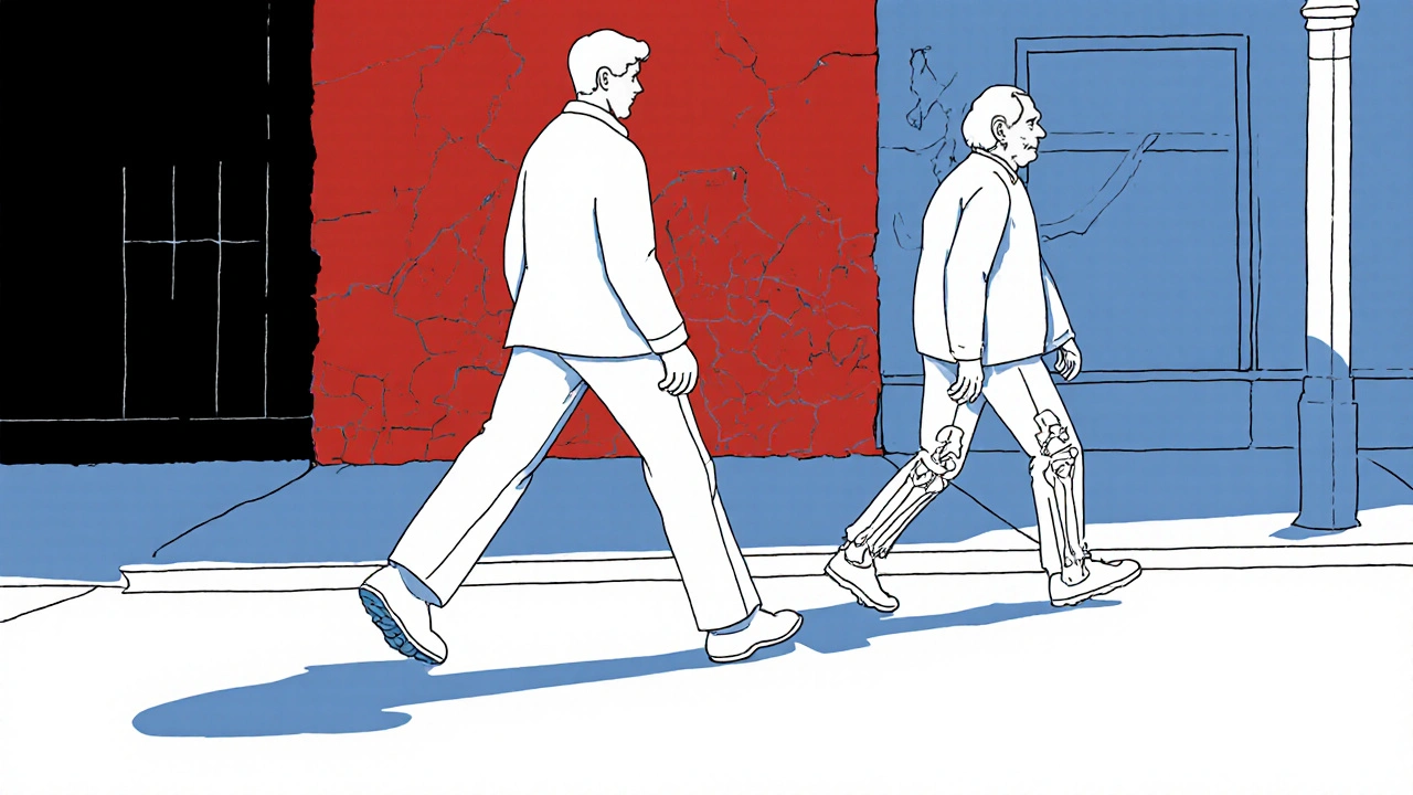 A person walking confidently with a healthy joint shadow, leaving behind a limping older version.