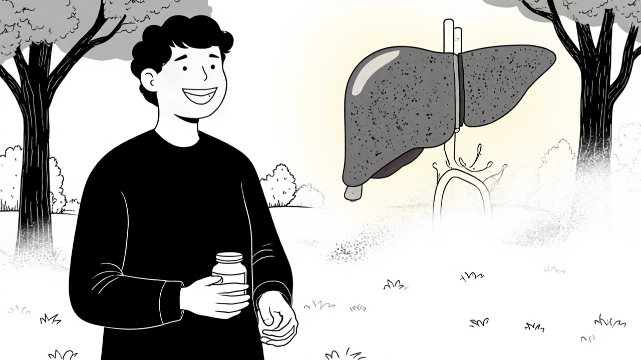 A person walking happily with a healthy liver glowing behind them as a damaged one fades away.