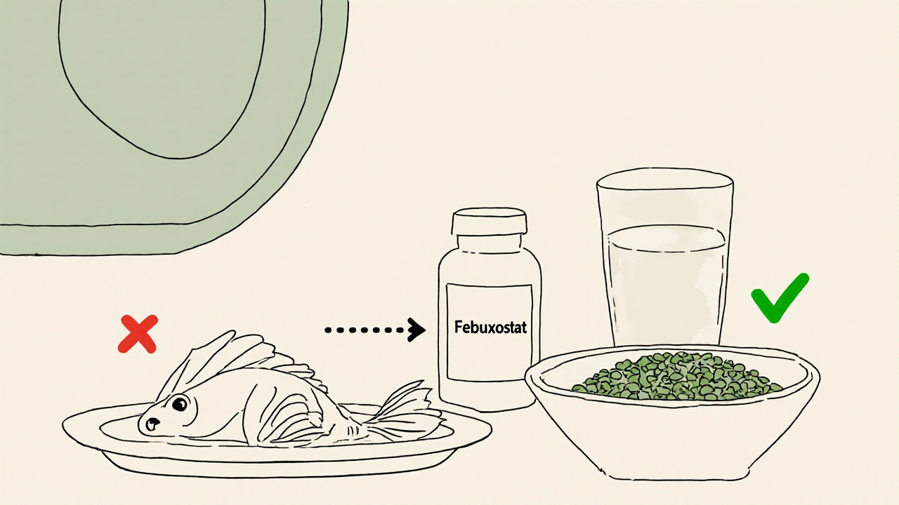 A plate of seafood with a red X next to lentils and water, with febuxostat pill in between.