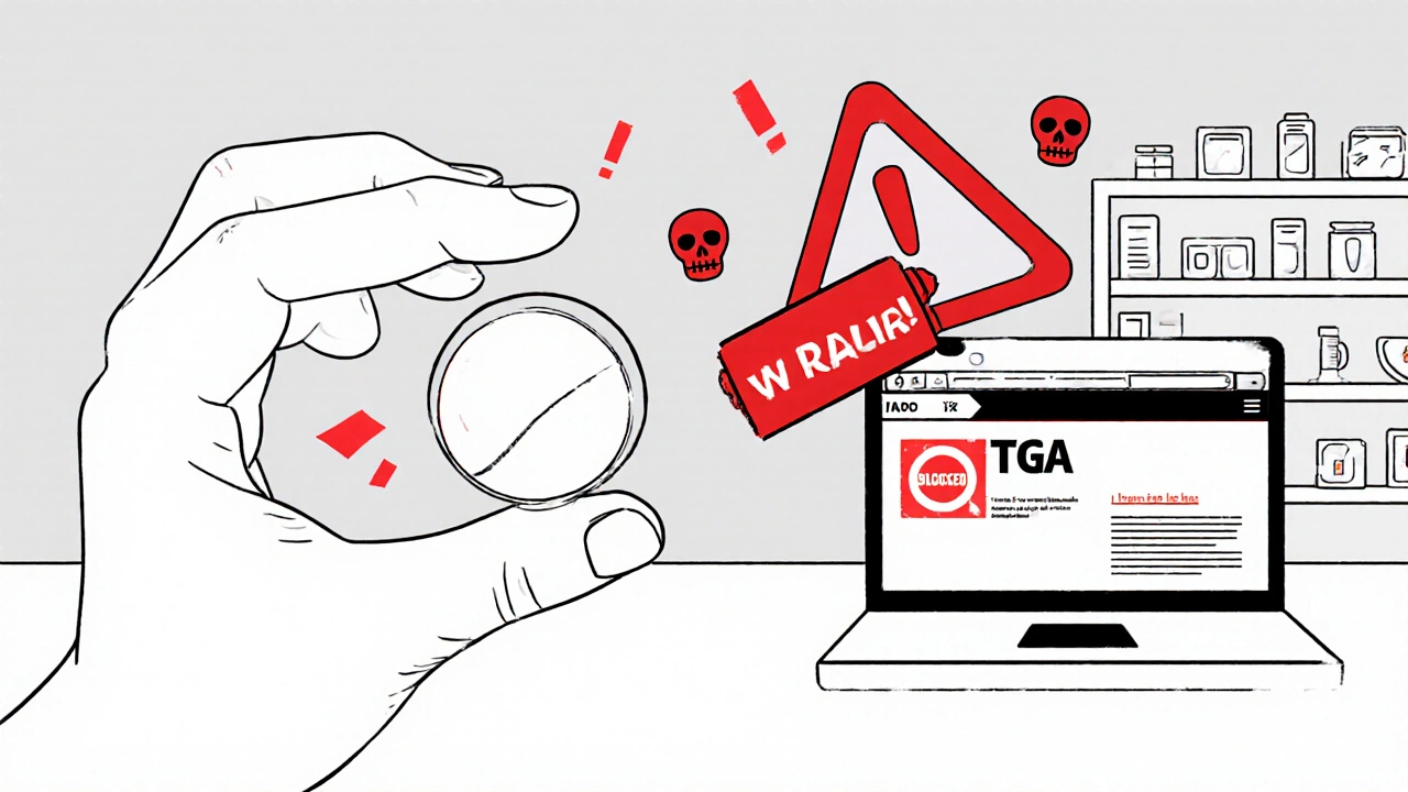 A real pill next to a counterfeit pill with warning symbols, showing visual differences in appearance.