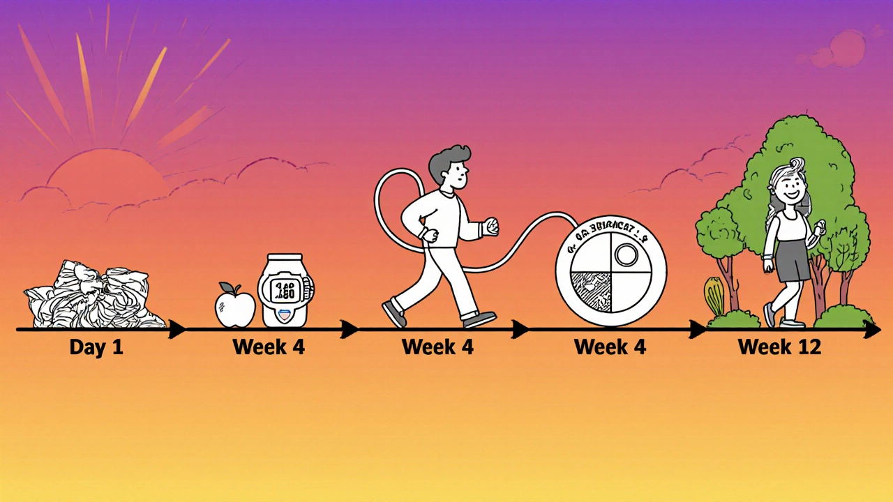 A timeline illustration showing a person&#039;s health improvement through the DASH diet over 12 weeks.