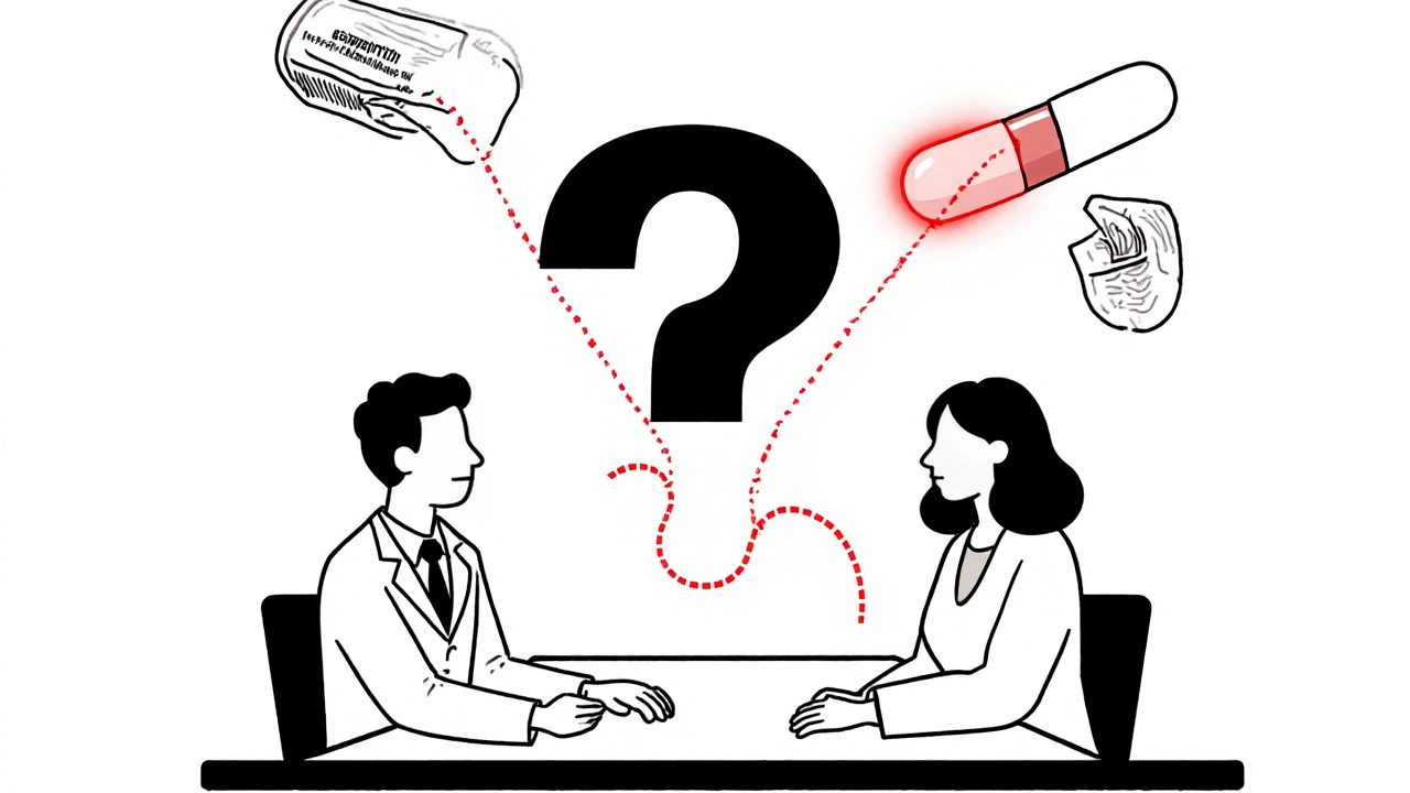 Doctor and patient facing each other with floating pills connected by a red line leading to a collapsing breath wave.